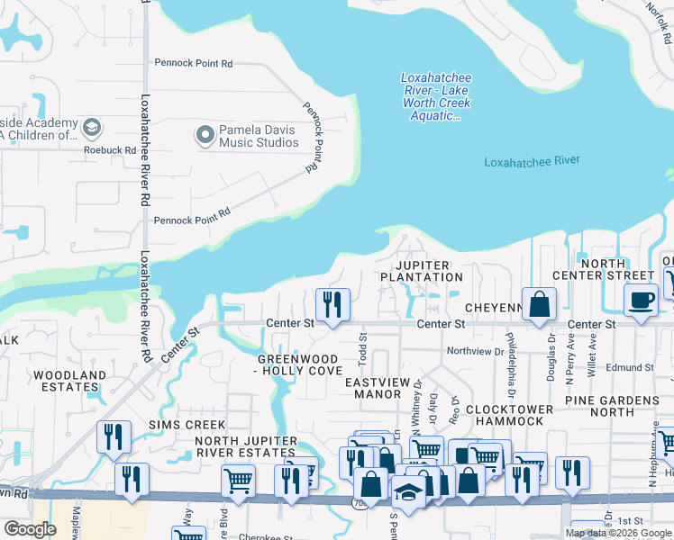 map of restaurants, bars, coffee shops, grocery stores, and more near 18137 Palm Point Drive in Jupiter