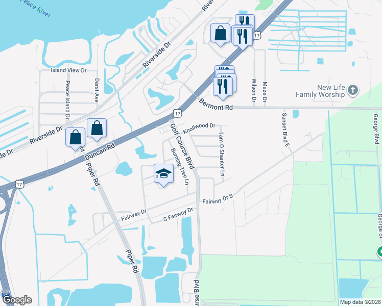 map of restaurants, bars, coffee shops, grocery stores, and more near 6102 Golf Course Boulevard in Punta Gorda