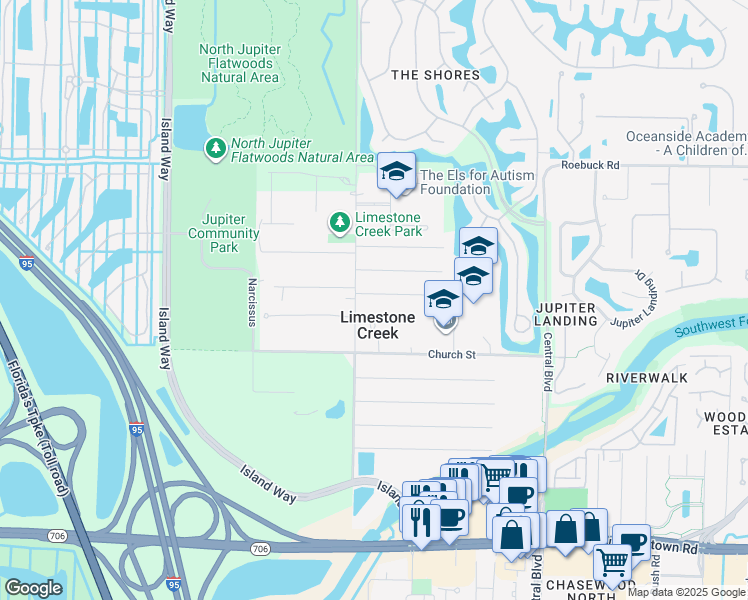 map of restaurants, bars, coffee shops, grocery stores, and more near 6954 Mitchell Street in Jupiter