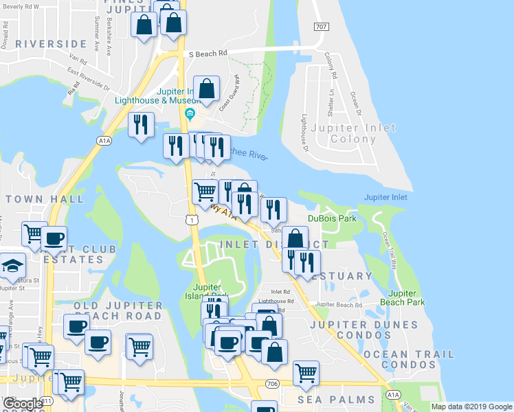 map of restaurants, bars, coffee shops, grocery stores, and more near 346 Windward Lane in Jupiter