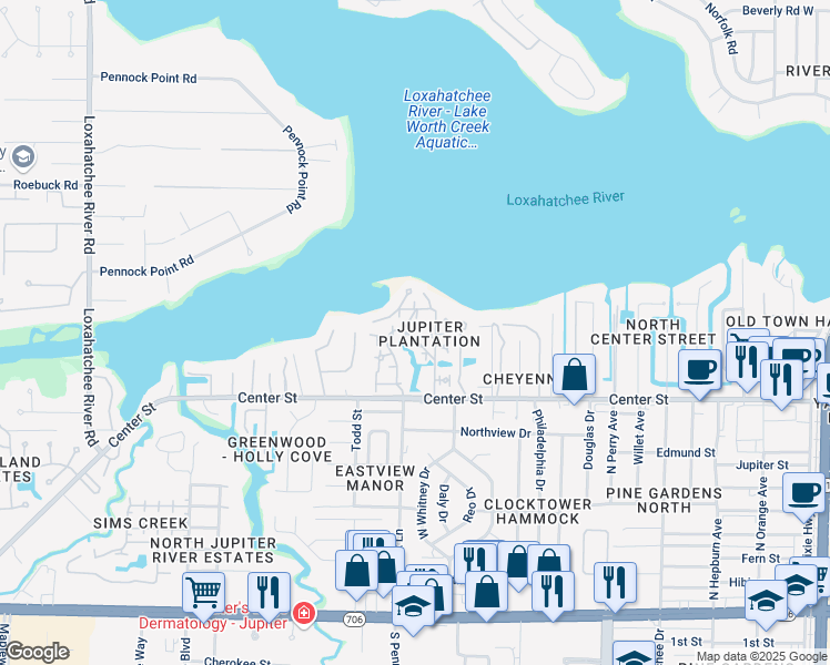 map of restaurants, bars, coffee shops, grocery stores, and more near 23 Plantation Circle in Jupiter