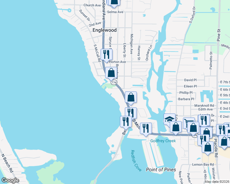 map of restaurants, bars, coffee shops, grocery stores, and more near 1070 South McCall Road in Englewood