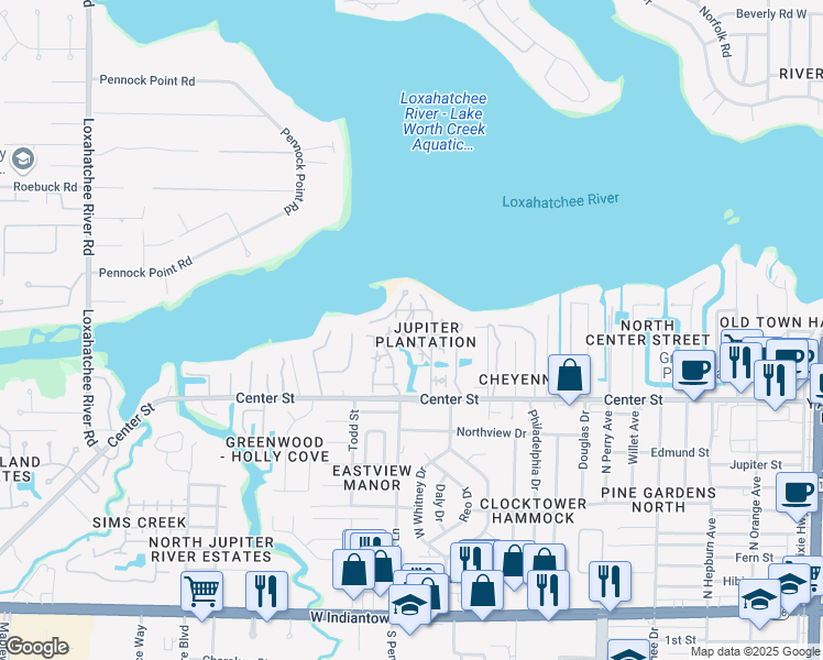 map of restaurants, bars, coffee shops, grocery stores, and more near 825 Center Street in Jupiter