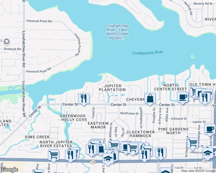 map of restaurants, bars, coffee shops, grocery stores, and more near 23 Plantation Circle in Jupiter