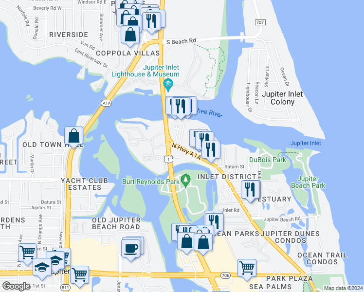 map of restaurants, bars, coffee shops, grocery stores, and more near 1198 Cramer Street in Jupiter