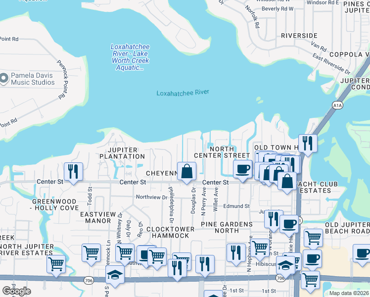map of restaurants, bars, coffee shops, grocery stores, and more near 944 Penn Trail in Jupiter