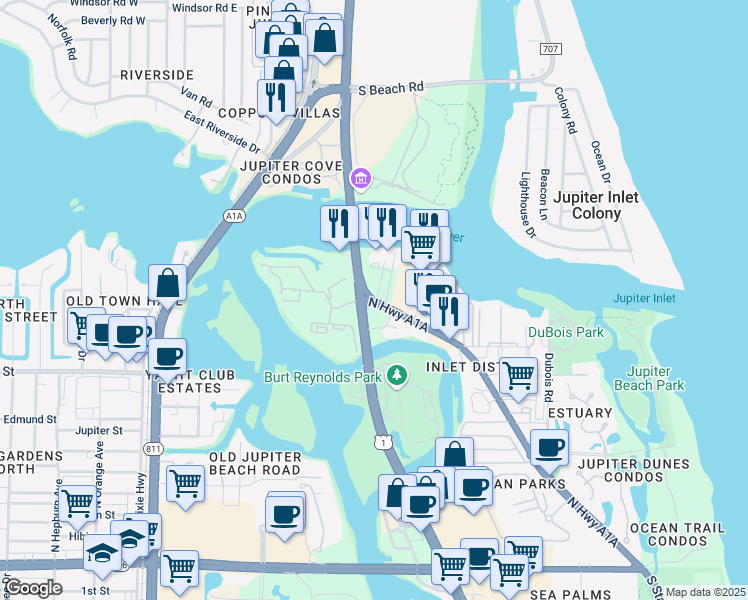 map of restaurants, bars, coffee shops, grocery stores, and more near 1000-1198 Cramer Street in Jupiter