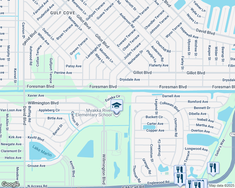 map of restaurants, bars, coffee shops, grocery stores, and more near 13168 Eureka Circle in Port Charlotte