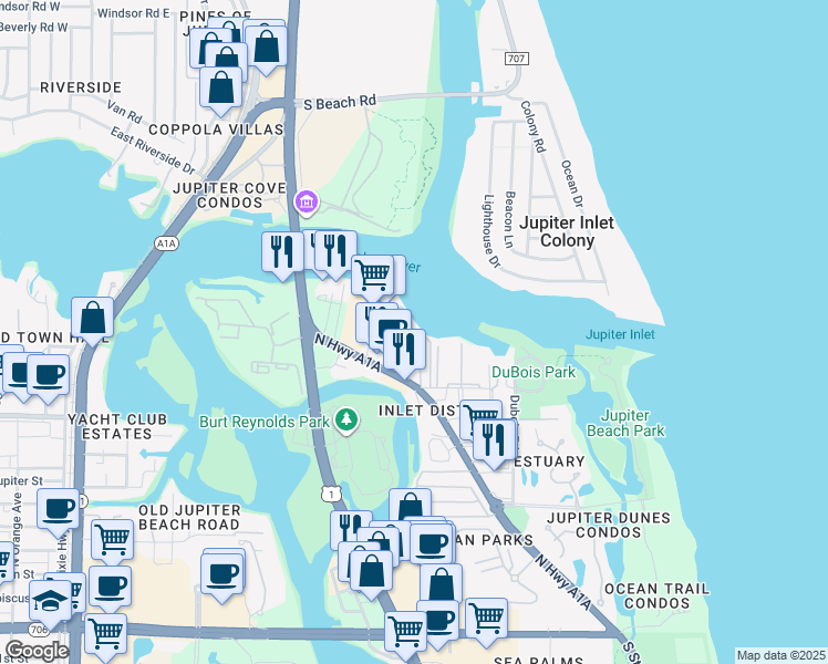 map of restaurants, bars, coffee shops, grocery stores, and more near 346 Windward Lane in Jupiter