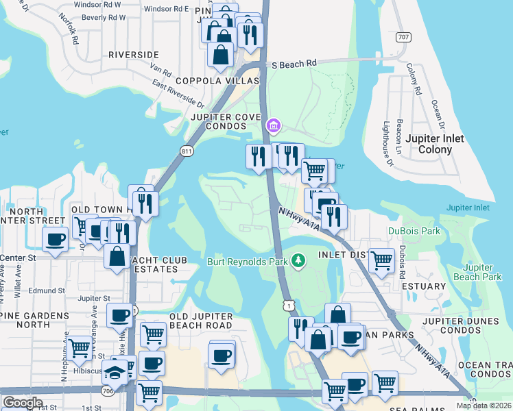map of restaurants, bars, coffee shops, grocery stores, and more near Highway A1A in Jupiter