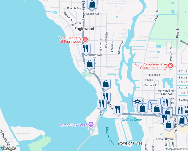 map of restaurants, bars, coffee shops, grocery stores, and more near 1070 South McCall Road in Englewood