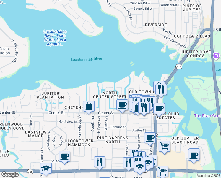 map of restaurants, bars, coffee shops, grocery stores, and more near 955 Pompano Drive in Jupiter