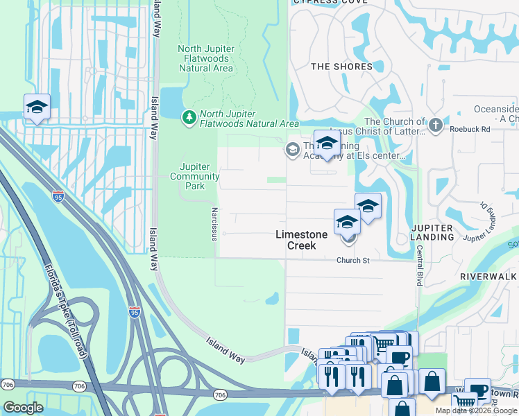 map of restaurants, bars, coffee shops, grocery stores, and more near 7107 181st Street in Jupiter