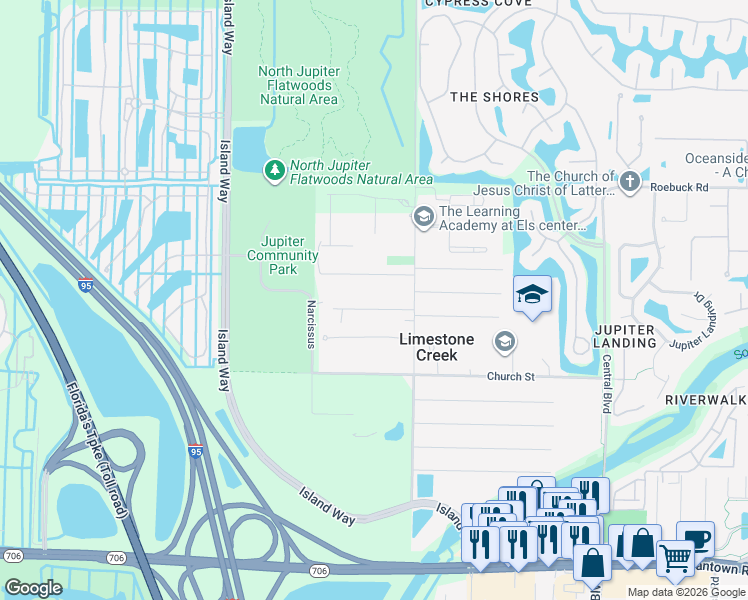 map of restaurants, bars, coffee shops, grocery stores, and more near 7107 181st Street in Jupiter