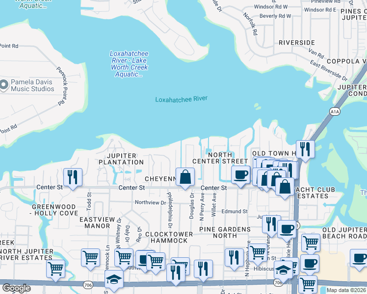 map of restaurants, bars, coffee shops, grocery stores, and more near 944 Penn Trail in Jupiter