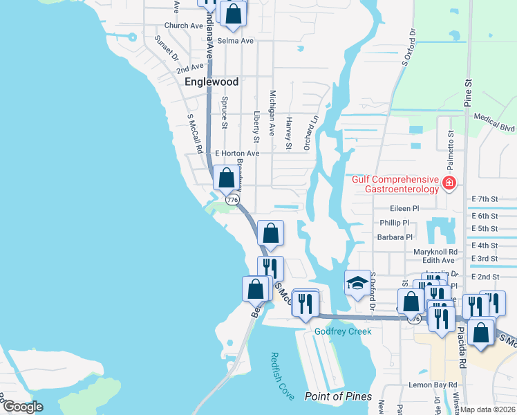 map of restaurants, bars, coffee shops, grocery stores, and more near 160 East Bay Heights Road in Englewood