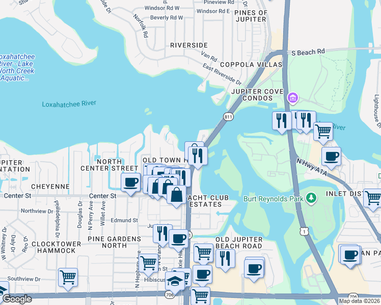 map of restaurants, bars, coffee shops, grocery stores, and more near 1020 Lands End Way in Jupiter