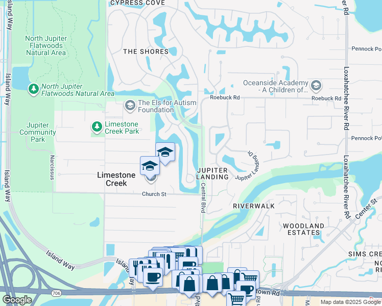 map of restaurants, bars, coffee shops, grocery stores, and more near 18258 Lake Bend Drive in Jupiter