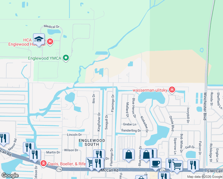 map of restaurants, bars, coffee shops, grocery stores, and more near 1247 Seagull Drive in Englewood