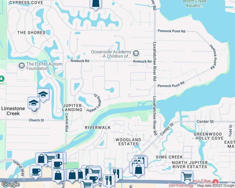map of restaurants, bars, coffee shops, grocery stores, and more near 18263 River Oaks Drive in Jupiter