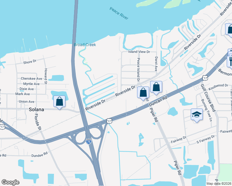 map of restaurants, bars, coffee shops, grocery stores, and more near 3119b Riverside Drive in Punta Gorda