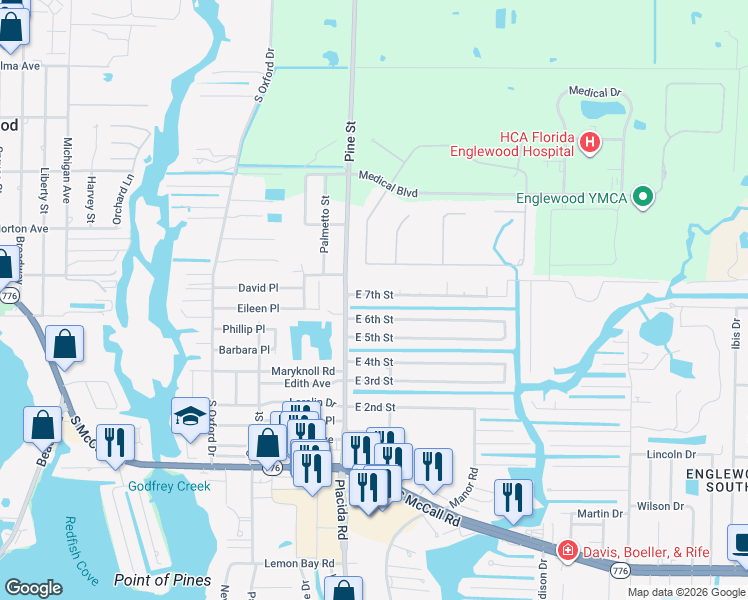map of restaurants, bars, coffee shops, grocery stores, and more near 804 East 6th Street in Englewood