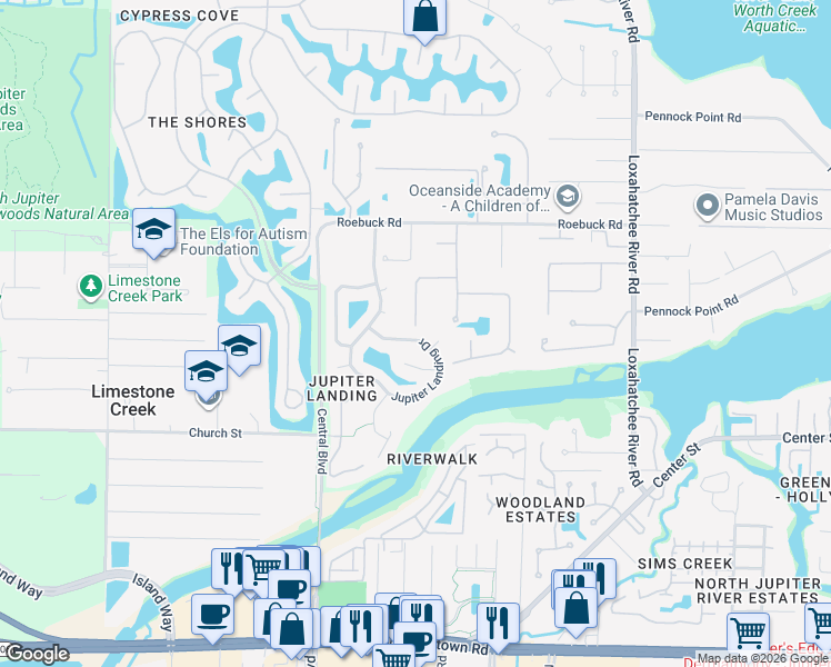 map of restaurants, bars, coffee shops, grocery stores, and more near 18186 Jupiter Landings Drive in Jupiter
