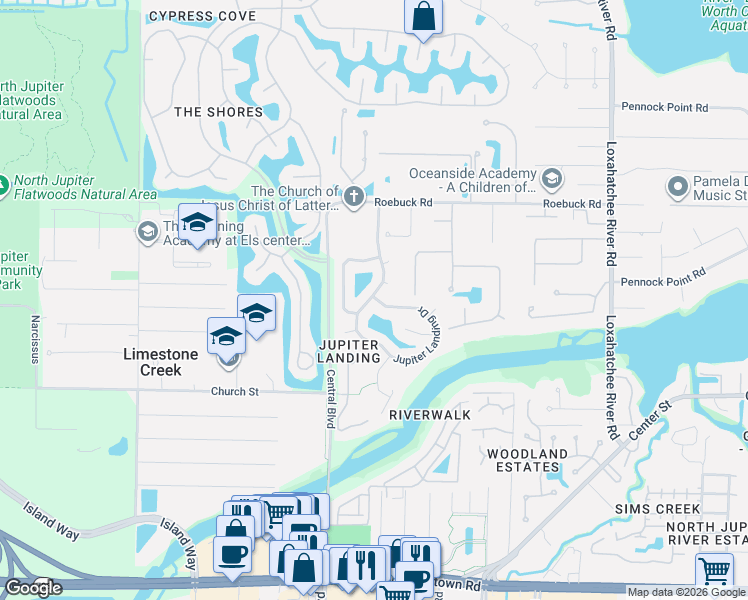 map of restaurants, bars, coffee shops, grocery stores, and more near 18154 Jupiter Landings Drive in Jupiter