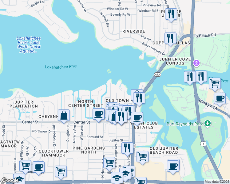 map of restaurants, bars, coffee shops, grocery stores, and more near 205 Killane Drive in Jupiter