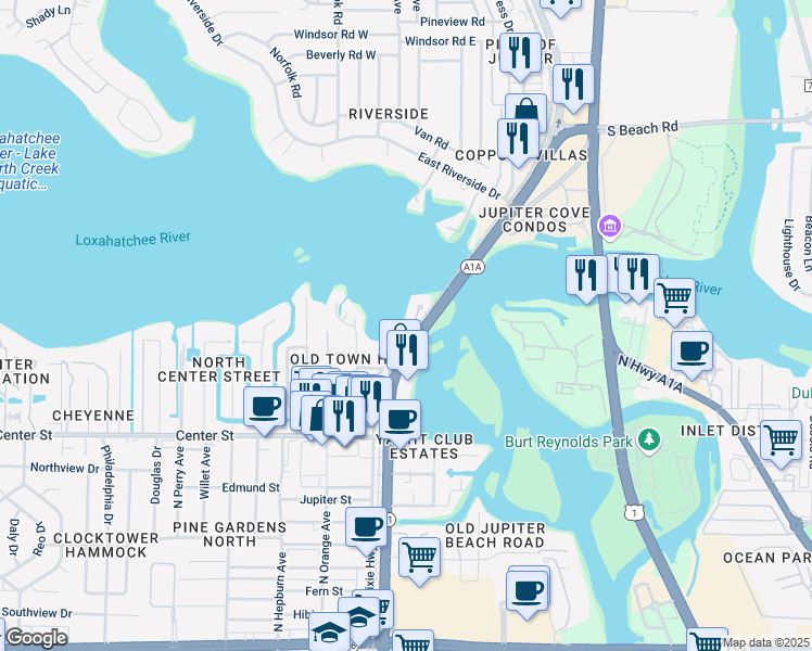 map of restaurants, bars, coffee shops, grocery stores, and more near 118 Lands End Way in Jupiter