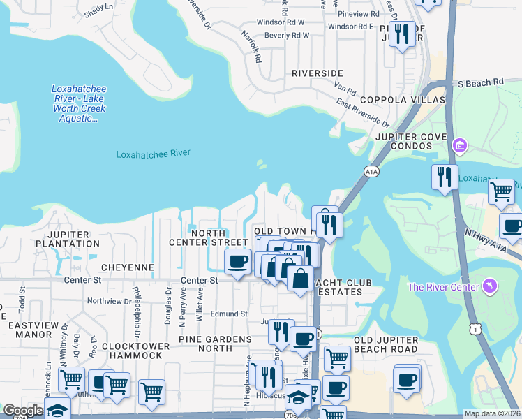 map of restaurants, bars, coffee shops, grocery stores, and more near 954 Marlin Drive in Jupiter