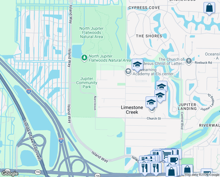 map of restaurants, bars, coffee shops, grocery stores, and more near 6724 182nd Road North in Jupiter