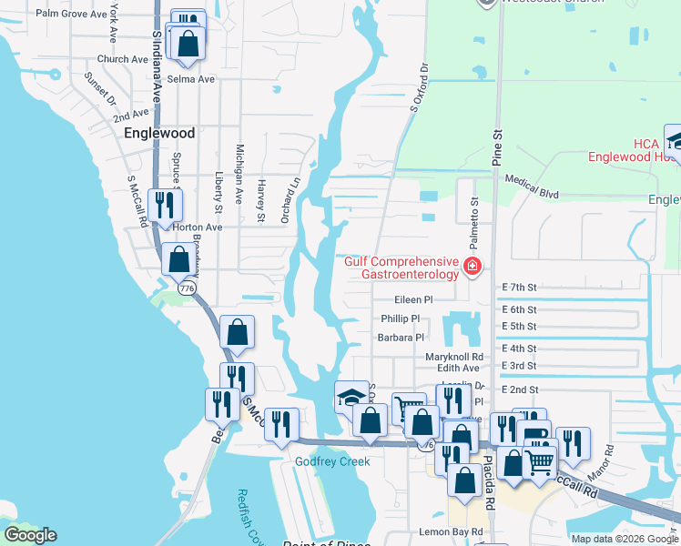 map of restaurants, bars, coffee shops, grocery stores, and more near 900 South Oxford Drive in Englewood