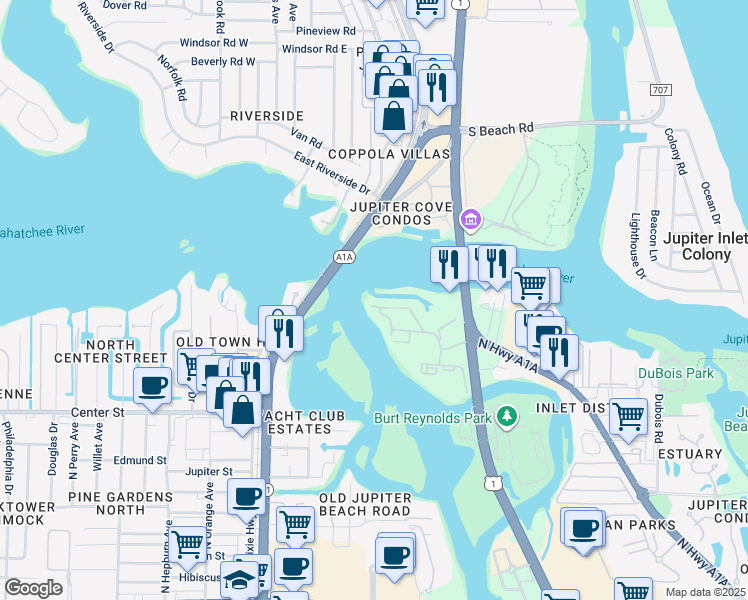 map of restaurants, bars, coffee shops, grocery stores, and more near 1000 U.S. 1 in Jupiter