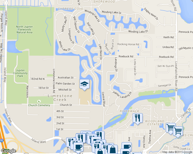 map of restaurants, bars, coffee shops, grocery stores, and more near 18348 Lake Bend Drive in Jupiter
