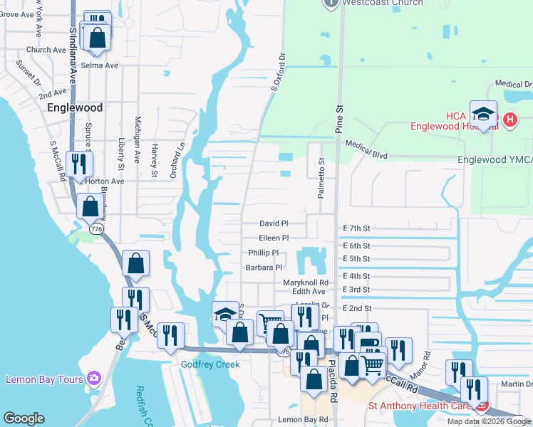 map of restaurants, bars, coffee shops, grocery stores, and more near 1601 Lakeview Place in Englewood