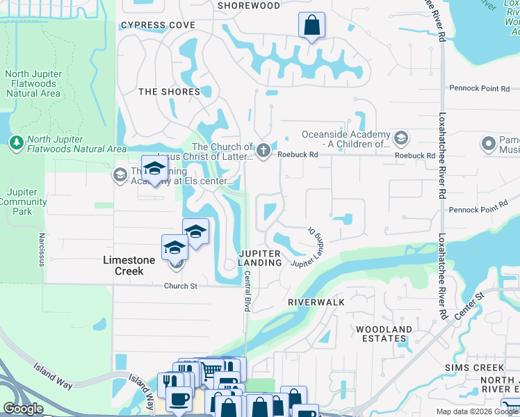 map of restaurants, bars, coffee shops, grocery stores, and more near 18304 Flagship Circle in Jupiter