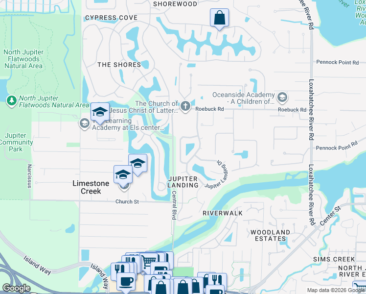 map of restaurants, bars, coffee shops, grocery stores, and more near 18304 Flagship Circle in Jupiter