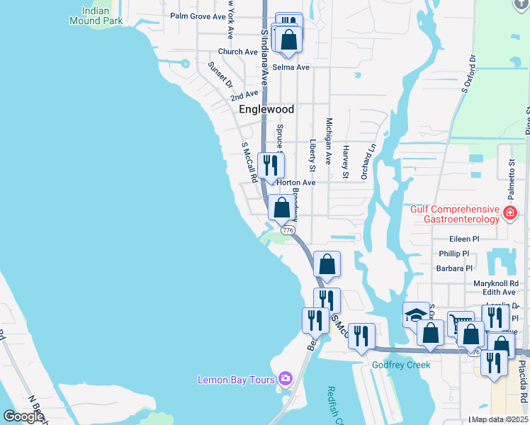 map of restaurants, bars, coffee shops, grocery stores, and more near 890A South McCall Road in Englewood