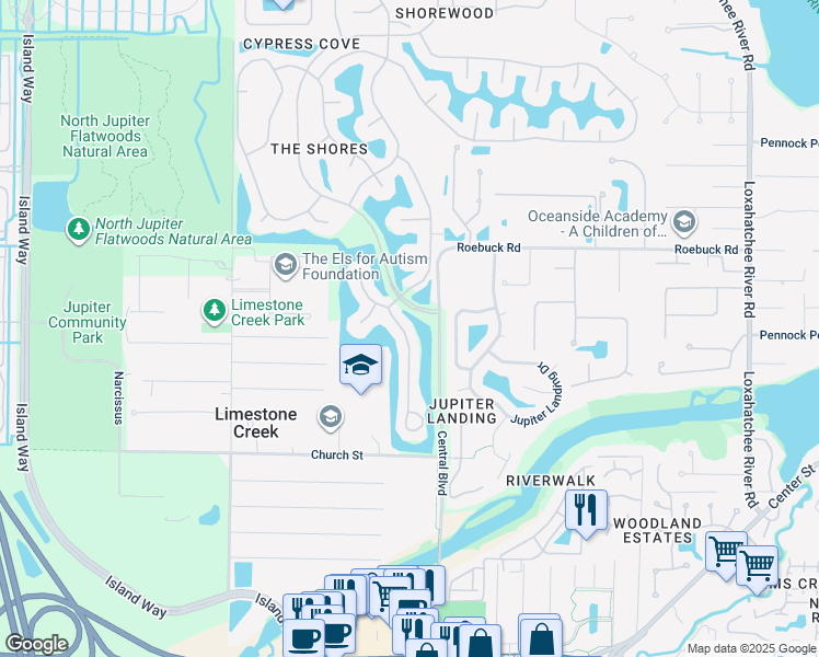 map of restaurants, bars, coffee shops, grocery stores, and more near 18348 Lake Bend Drive in Jupiter