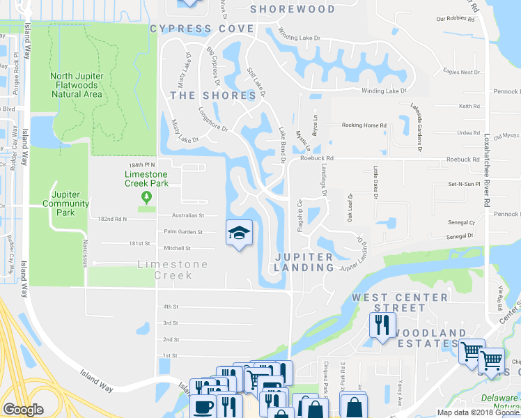 map of restaurants, bars, coffee shops, grocery stores, and more near 18385 Lake Bend Drive in Jupiter