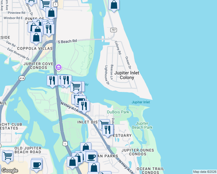 map of restaurants, bars, coffee shops, grocery stores, and more near 87 Lighthouse Drive in Jupiter