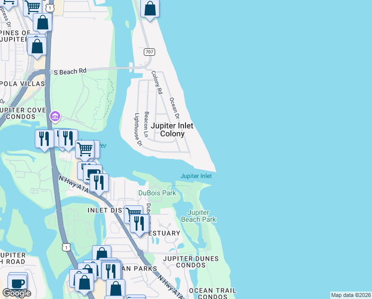 map of restaurants, bars, coffee shops, grocery stores, and more near 25 Lighthouse Drive in Jupiter Inlet Colony