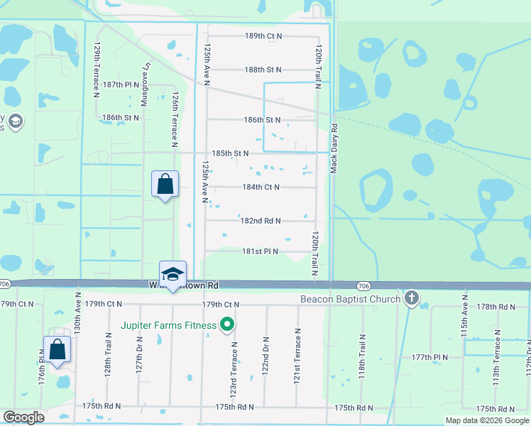 map of restaurants, bars, coffee shops, grocery stores, and more near 12261 182nd Road North in Jupiter