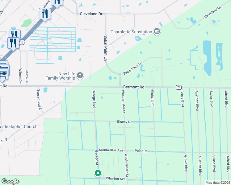 map of restaurants, bars, coffee shops, grocery stores, and more near 6009 Westminster Street in Punta Gorda