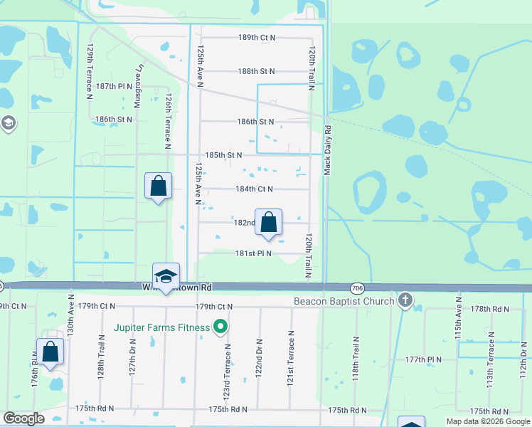 map of restaurants, bars, coffee shops, grocery stores, and more near 12261 182nd Road North in Jupiter