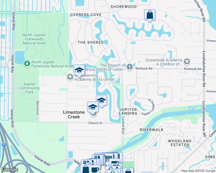 map of restaurants, bars, coffee shops, grocery stores, and more near 18385 Lake Bend Drive in Jupiter