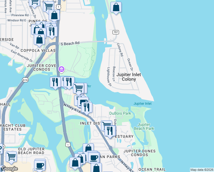 map of restaurants, bars, coffee shops, grocery stores, and more near 89 Lighthouse Drive in Jupiter