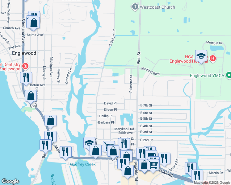 map of restaurants, bars, coffee shops, grocery stores, and more near 1601 Lakeview Place in Englewood