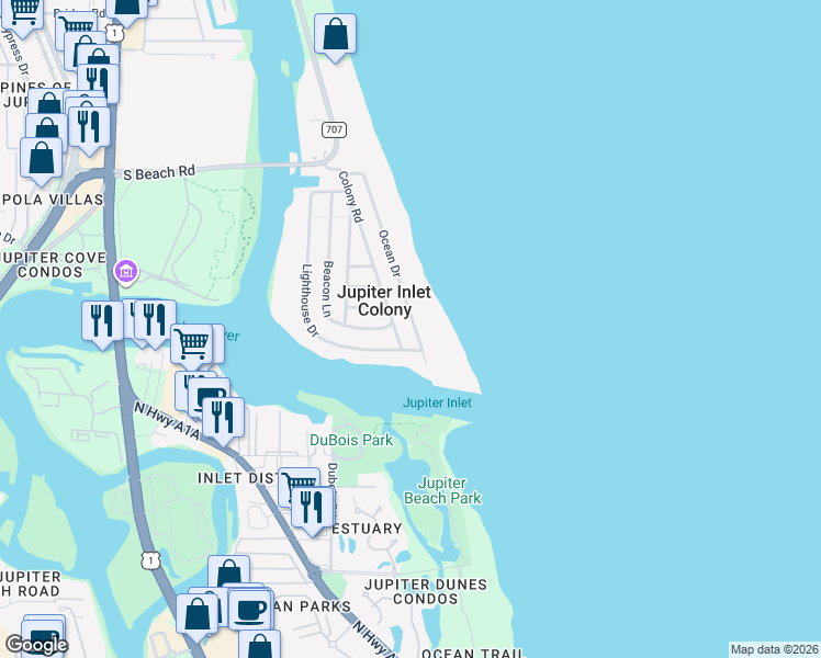 map of restaurants, bars, coffee shops, grocery stores, and more near 20 Ocean Drive in Jupiter
